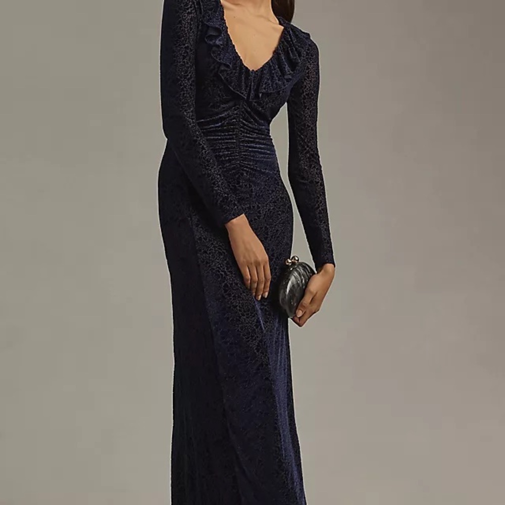 Anthropologie Velvet Ruched Maxi Dress